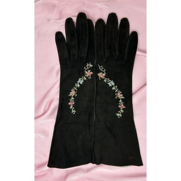 Gloves Grey/black Suede Kidskin Gauntlet Floral Embroidered SMALL Vtg - Picture 1 of 5